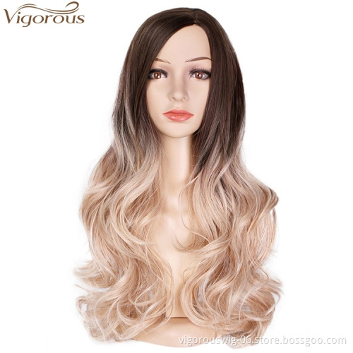 Vigorous Long Ombre Light Auburn To Blonde Synthetic Wigs Middle Part Water Wave Cosplay Wig For Woman Heat Resistant Fibre